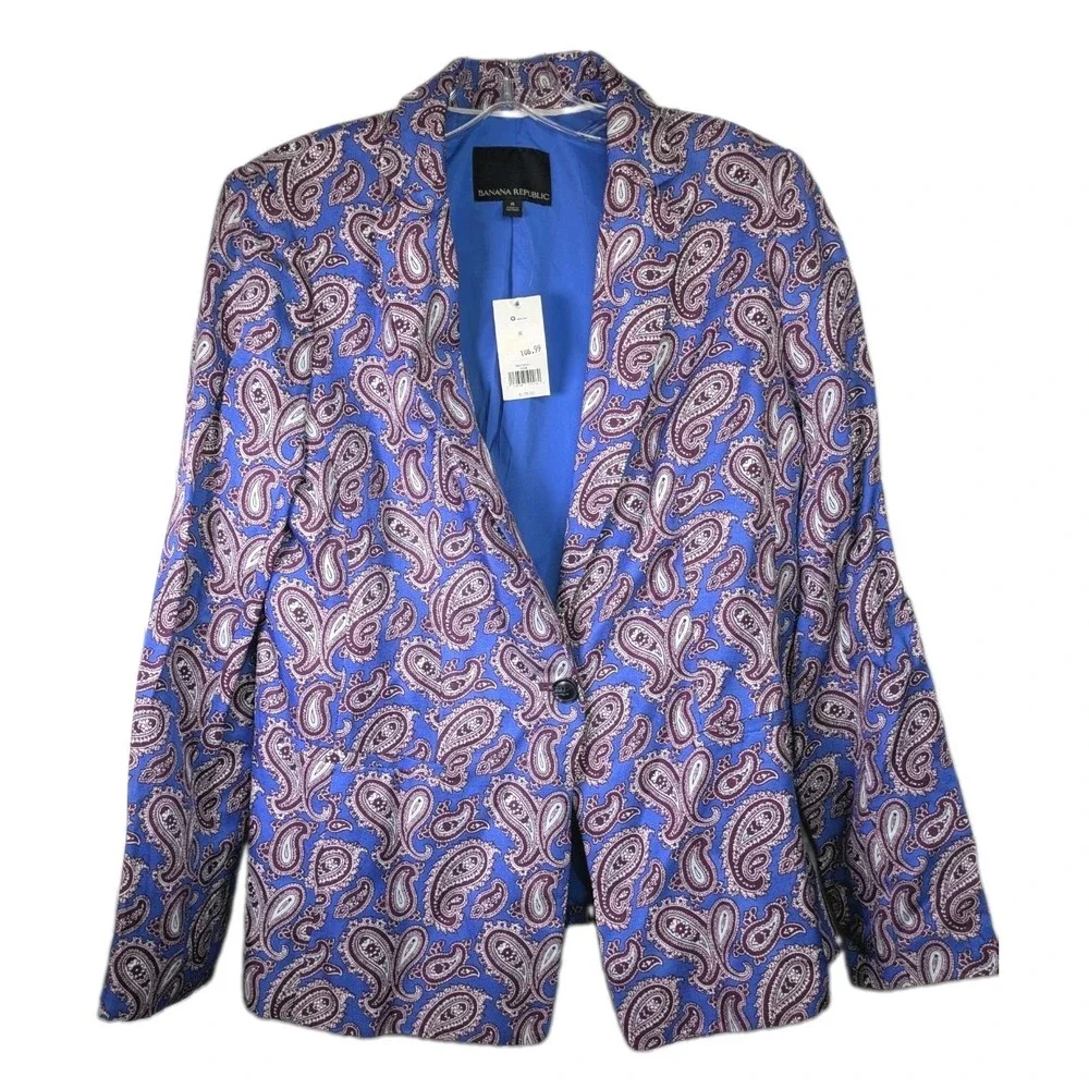 Banana Republic Womens Blazer 8 NWT $178 Rayon Linen Blue Paisley Single Button